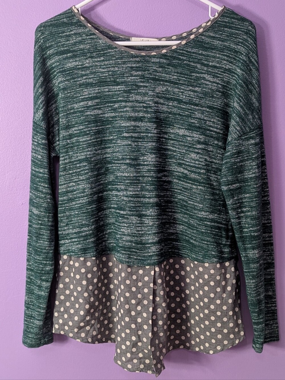 Le Lis Stripped Polka Dot Layered Long Sleeve Top Green Gray